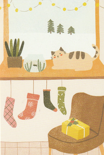 Christmas Wishes Postcard CW08 - Cat & Stockings