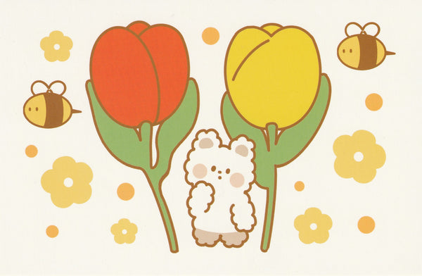 Happiness Animals Postcard - Bear Tulips & Bees