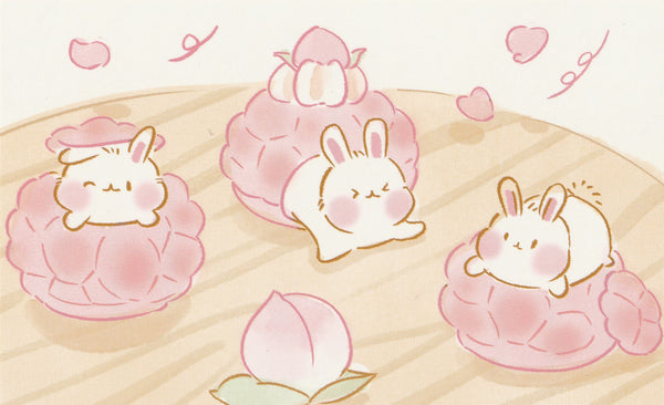 Animal ❤ Snacks Series Postcard - Bunny Rabbit Peach Cake