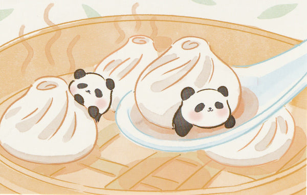 Animal ❤ Snacks Series Postcard - Panda Xiao Long Bao Dumplings