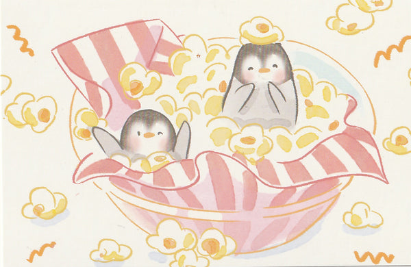 Animal ❤ Snacks Series Postcard - Penguin Popcorn