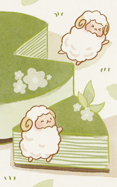 Animal ❤ Snacks Series Postcard - Sheep Matcha Mille Creep Cake
