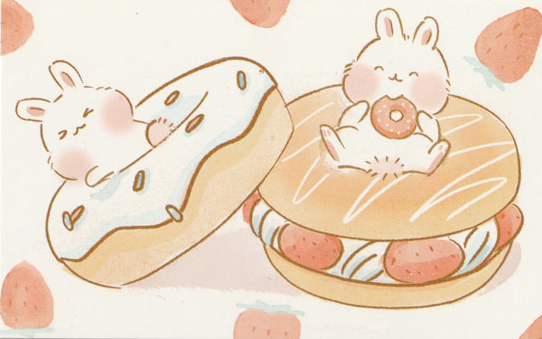 Animal ❤ Snacks Series Postcard - Bunny Rabbit Ichigo Strawberry Donuts