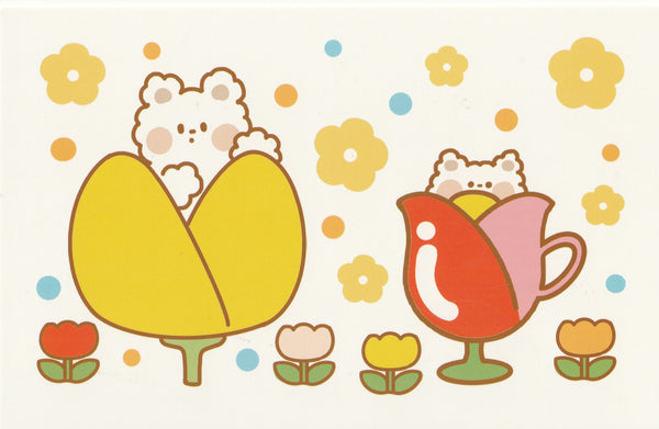Happiness Animals Postcard - Bear Tulips Cups