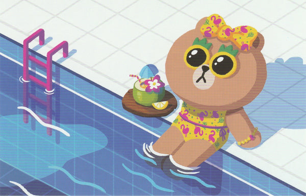 LINE Friends Official Character Postcard - Brown suntanning by the pool