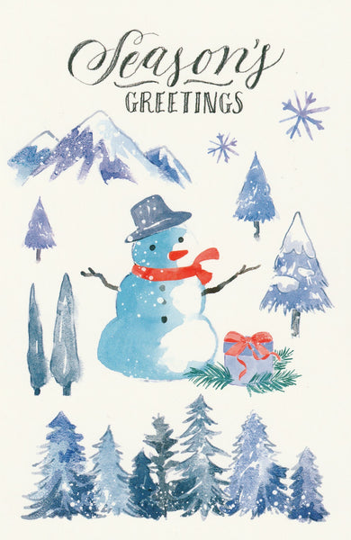 Seasons Greetings Postcard - Christmas Snowman Mountains