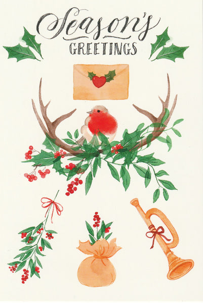 Seasons Greetings Postcard - Christmas Robin Bird