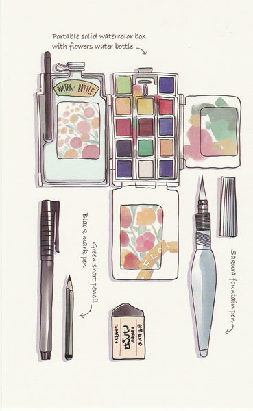 Stationery Illustration Postcard - Sakura Fountain Pen & Water Colour Set