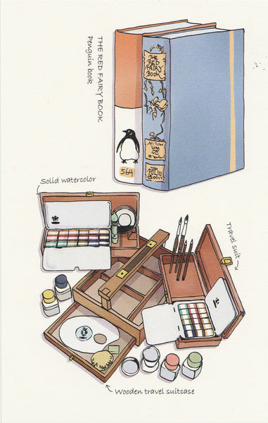 Stationery Illustration Postcard - Penguin Book & Watercolor Set